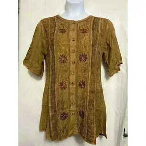 Womens India Pakistan Golden Long Shirt Embroidered 1/2 Sleeve Tie Back Mid 0067